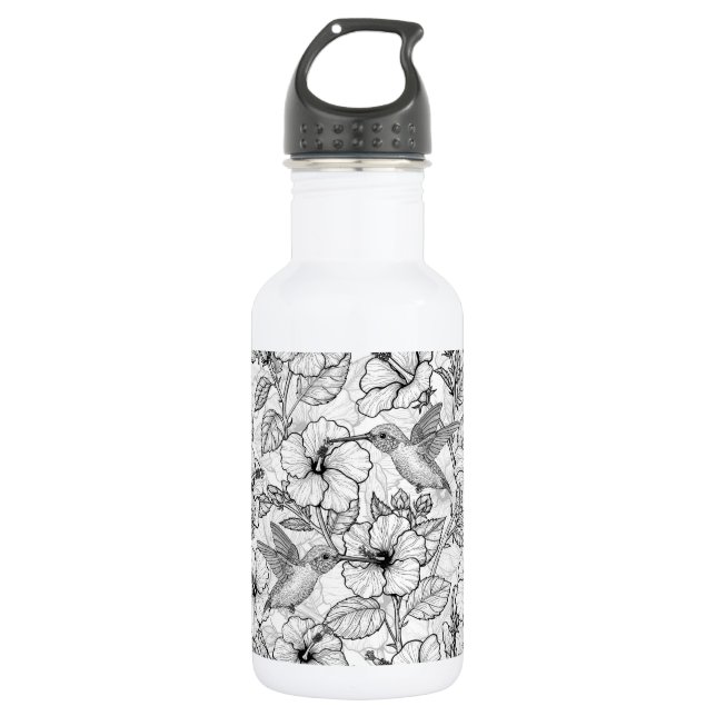 Hummingbirds and hibiscus flowers b&w stainless steel water bottle (Front)