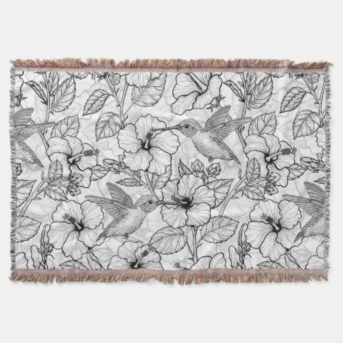 Hummingbirds and hibiscus flowers bw throw blanket
