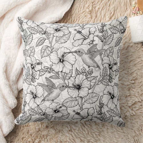 Hummingbirds and hibiscus flowers bw throw pillow