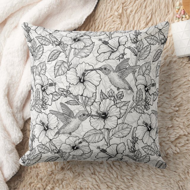 Hummingbirds and hibiscus flowers b&w throw pillow (Blanket)