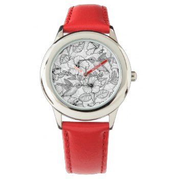 Hummingbirds And Hibiscus Flowers B&w Watch by PaintedAnimals at Zazzle