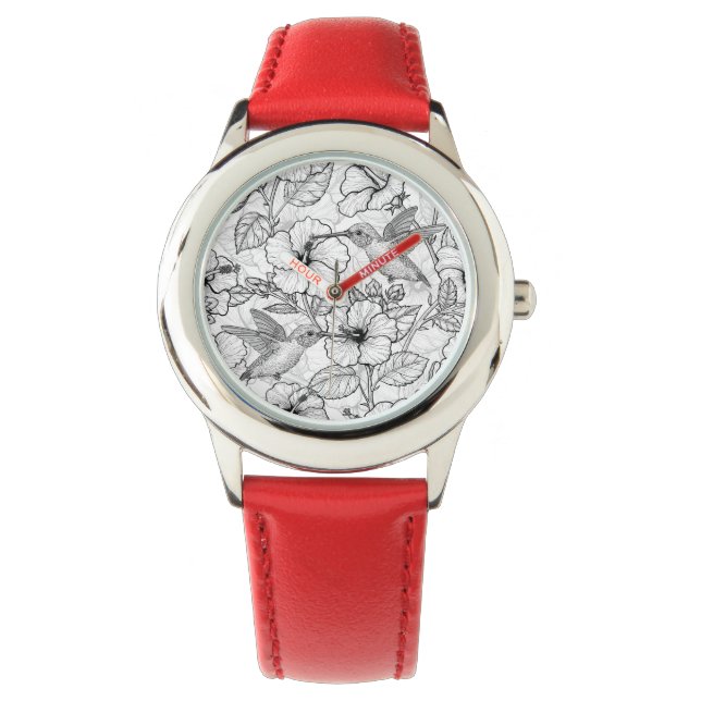 Hummingbirds and hibiscus flowers b&w watch (Front)