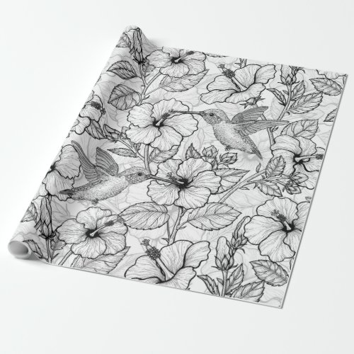 Hummingbirds and hibiscus flowers bw wrapping paper