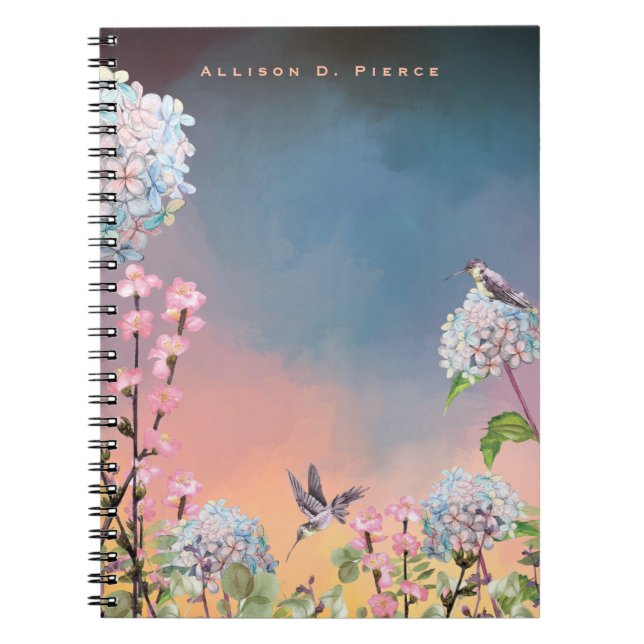 Hummingbirds and Hydrangeas | Colorful Glowing Sky Notebook (Front)