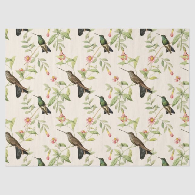 Hummingbirds and Leaves on Ivory Decoupage Tissue Paper (Front)
