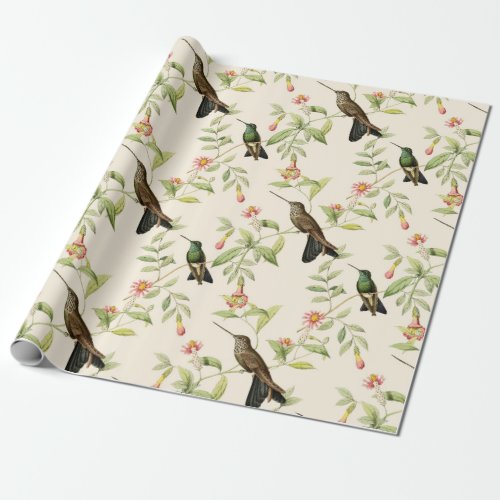 Hummingbirds and Leaves on Ivory Wrapping Paper