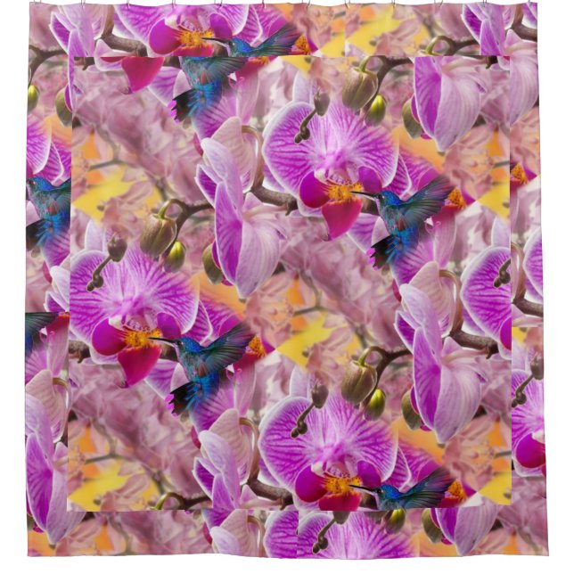 Hummingbirds and Orchids Flowers Shower Curtain (Front)