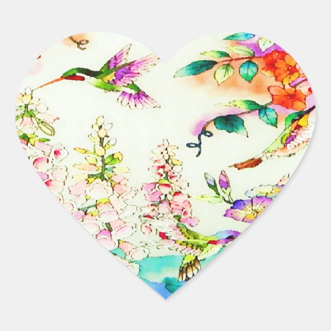 Hummingbirds and Pink Flowers Landscape Heart Sticker (Front)