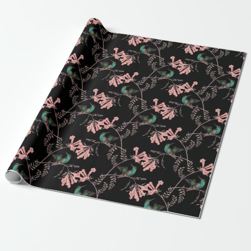 Hummingbirds and Pink Flowers on Black Wrapping Paper