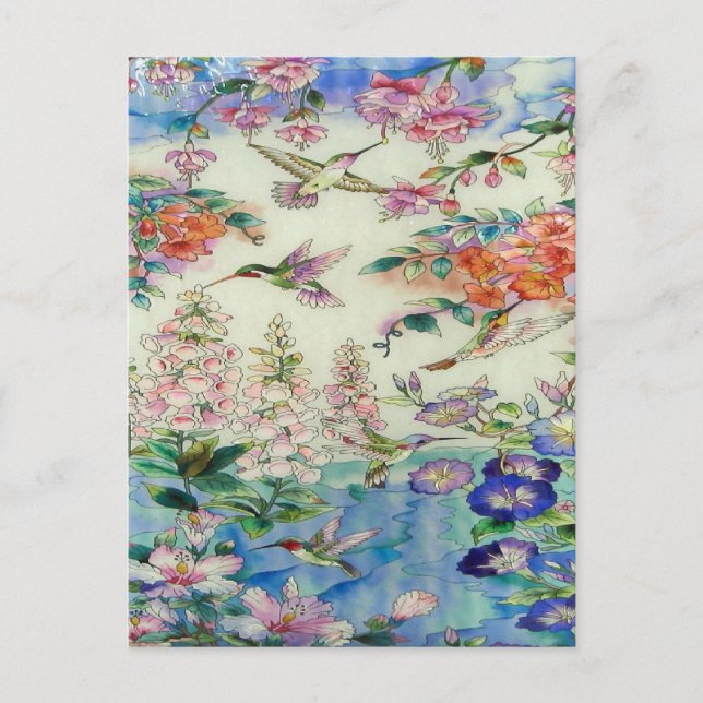 Hummingbirds and Pink flowers stained glass WOW Postcard (Front)