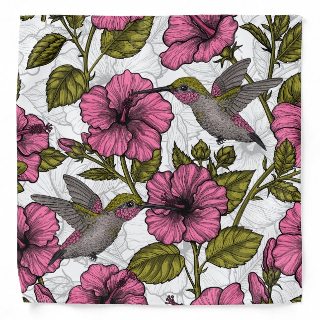 Hummingbirds and pink hibiscus flowers bandana (Front)