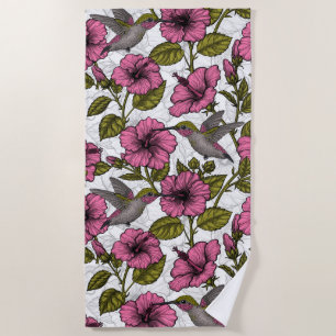 Hummingbirds and pink hibiscus flowers beach towel