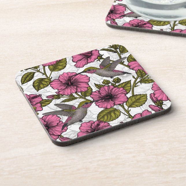 Hummingbirds and pink hibiscus flowers beverage coaster (Left Side)