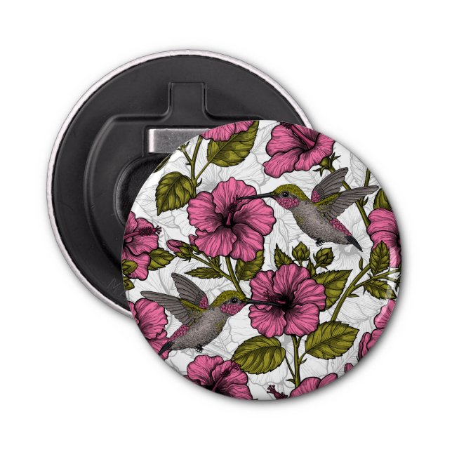 Hummingbirds and pink hibiscus flowers bottle opener (Front)