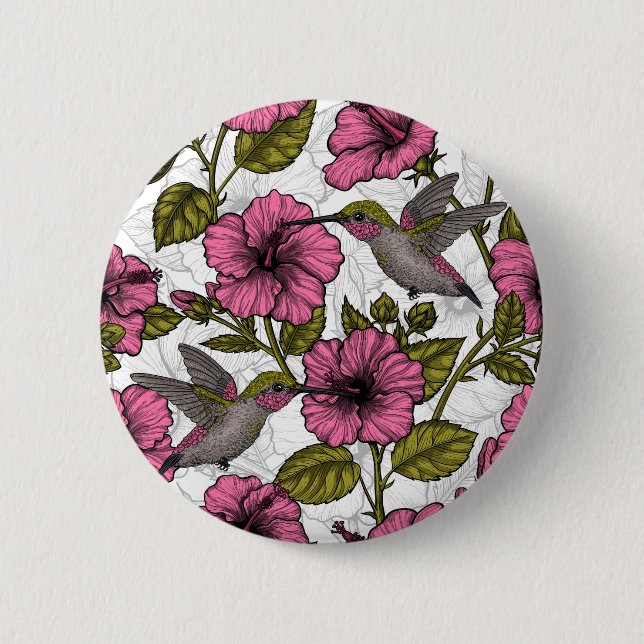 Hummingbirds and pink hibiscus flowers button (Front)