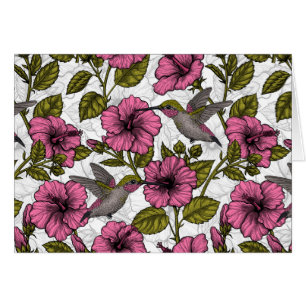 Hummingbirds and pink hibiscus flowers cards