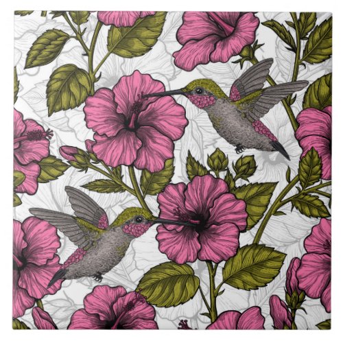 Hummingbirds and pink hibiscus flowers ceramic tile