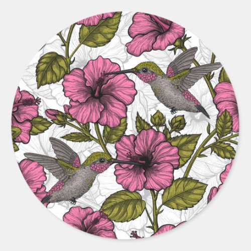 Hummingbirds and pink hibiscus flowers classic round sticker
