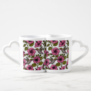 Hummingbirds and pink hibiscus flowers coffee mug set