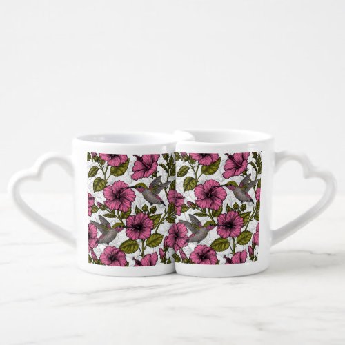 Hummingbirds and pink hibiscus flowers coffee mug set