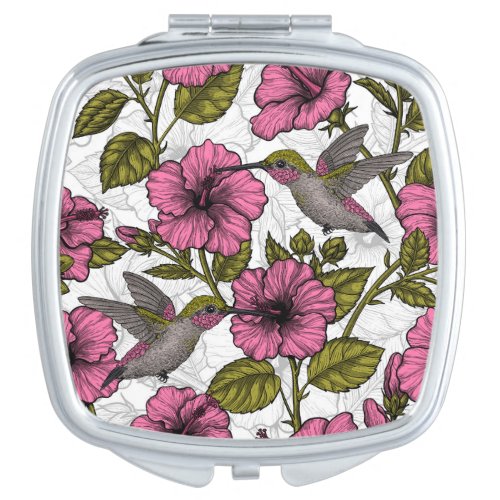 Hummingbirds and pink hibiscus flowers compact mirror