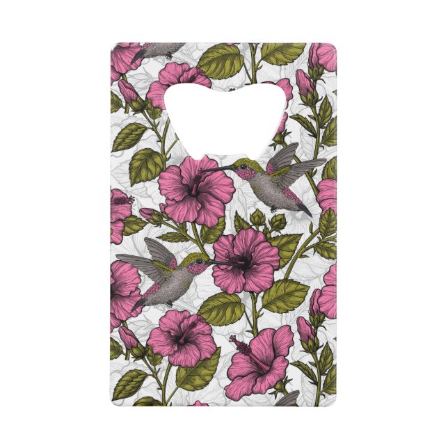 Hummingbirds and pink hibiscus flowers credit card bottle opener (Front)