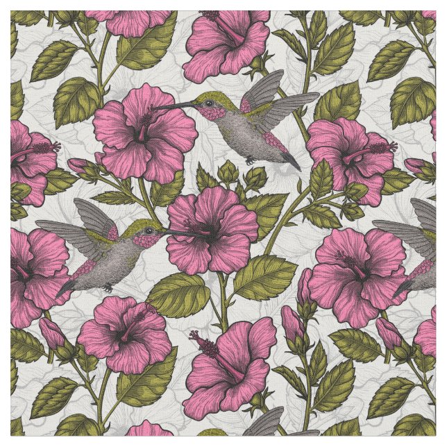 Hummingbirds and pink hibiscus flowers fabric (Close Up)
