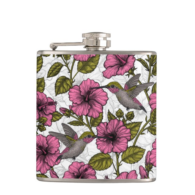 Hummingbirds and pink hibiscus flowers flask (Front)