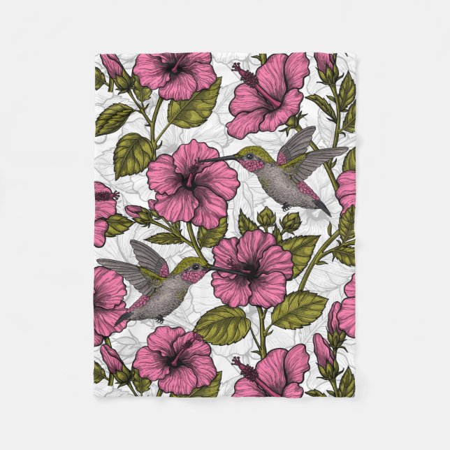 Hummingbirds and pink hibiscus flowers fleece blanket (Front)