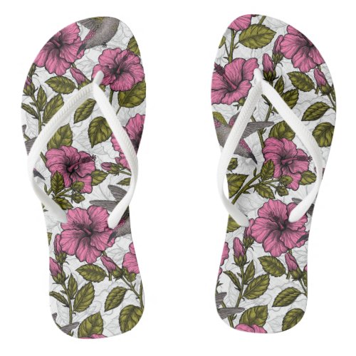 Hummingbirds and pink hibiscus flowers flip flops