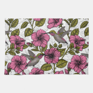 Hummingbirds and pink hibiscus flowers kitchen towel