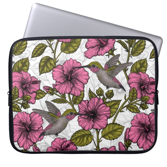 Hummingbirds and pink hibiscus flowers laptop sleeve (Front)