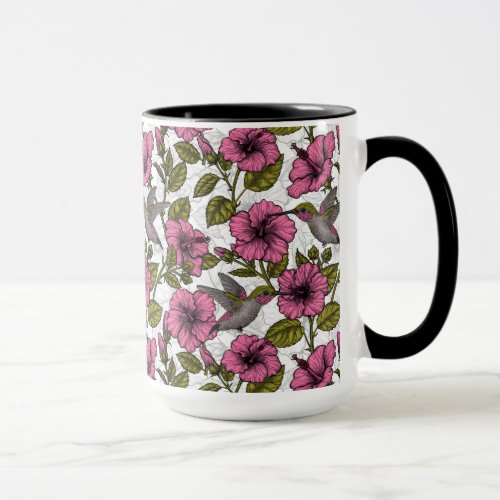 Hummingbirds and pink hibiscus flowers mug