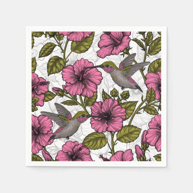 Hummingbirds and pink hibiscus flowers napkins (Front)