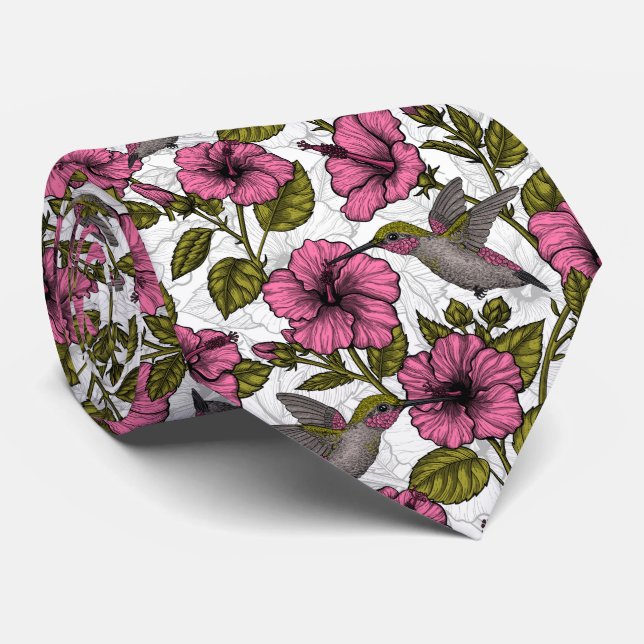 Hummingbirds and pink hibiscus flowers neck tie (Rolled)