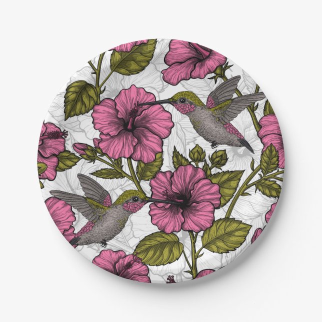 Hummingbirds and pink hibiscus flowers paper plates (Front)