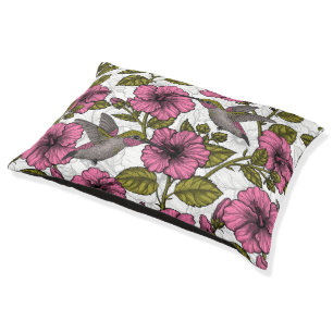 Hummingbirds and pink hibiscus flowers pet bed