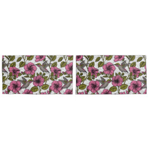 Hummingbirds and pink hibiscus flowers pillow case