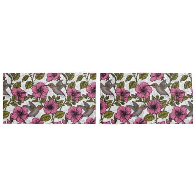 Hummingbirds and pink hibiscus flowers pillow case (Front-Set)