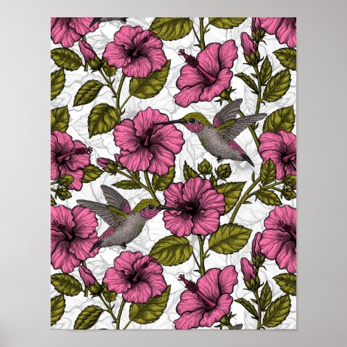 Hummingbirds and pink hibiscus flowers poster