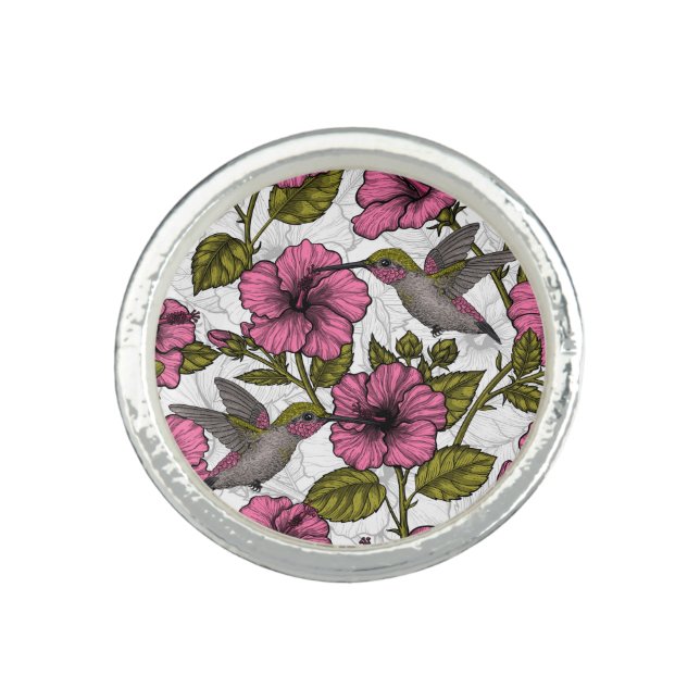 Hummingbirds and pink hibiscus flowers ring (Front)