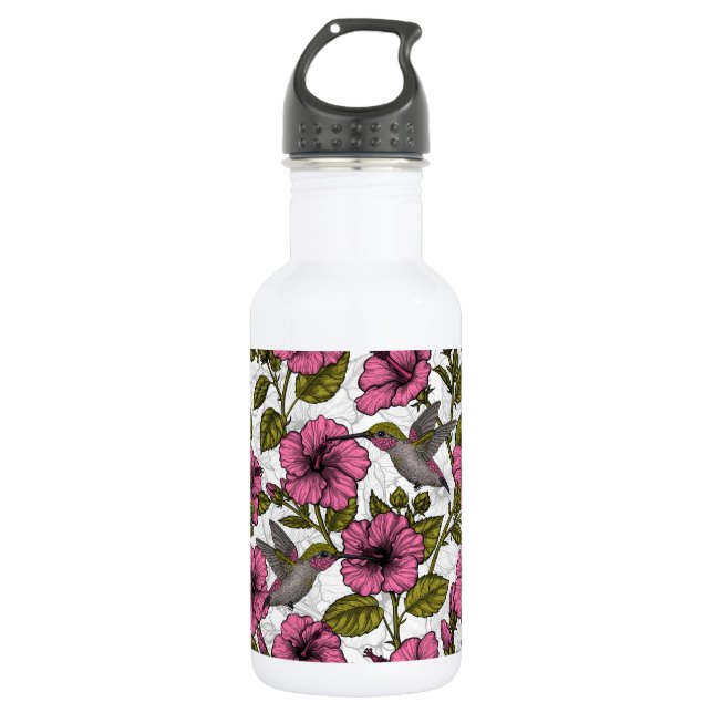 Hummingbirds and pink hibiscus flowers stainless steel water bottle (Front)