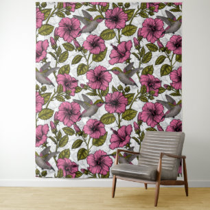 Hummingbirds and pink hibiscus flowers tapestry