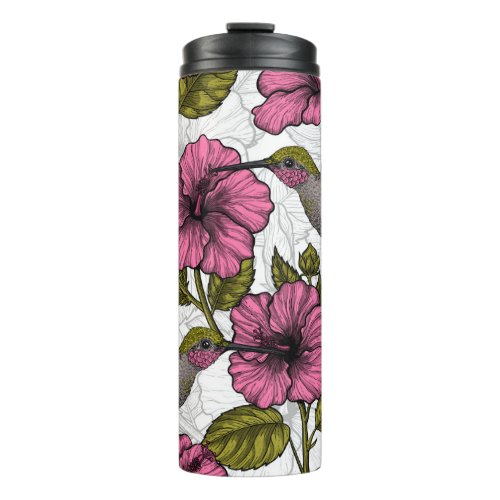 Hummingbirds and pink hibiscus flowers thermal tumbler