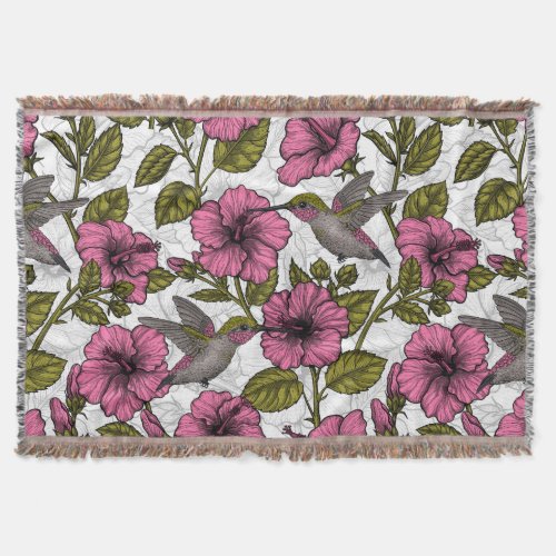 Hummingbirds and pink hibiscus flowers throw blanket