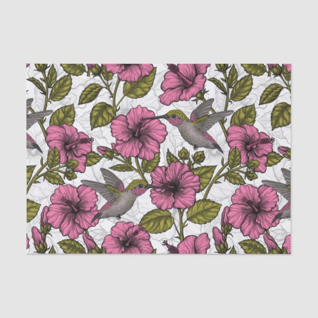Hummingbirds and pink hibiscus flowers tissue paper (Front)