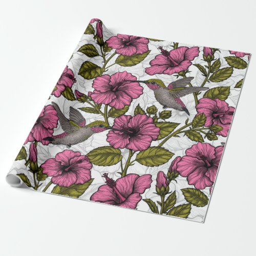 Hummingbirds and pink hibiscus flowers wrapping paper