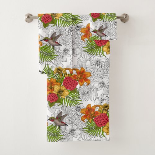 Hummingbirds and tropical bouquet bath towel set