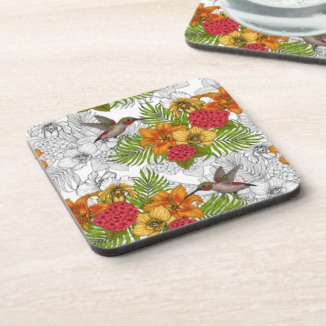 Hummingbirds and tropical bouquet beverage coaster (Left Side)