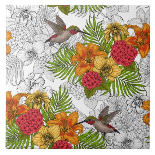 Hummingbirds and tropical bouquet ceramic tile